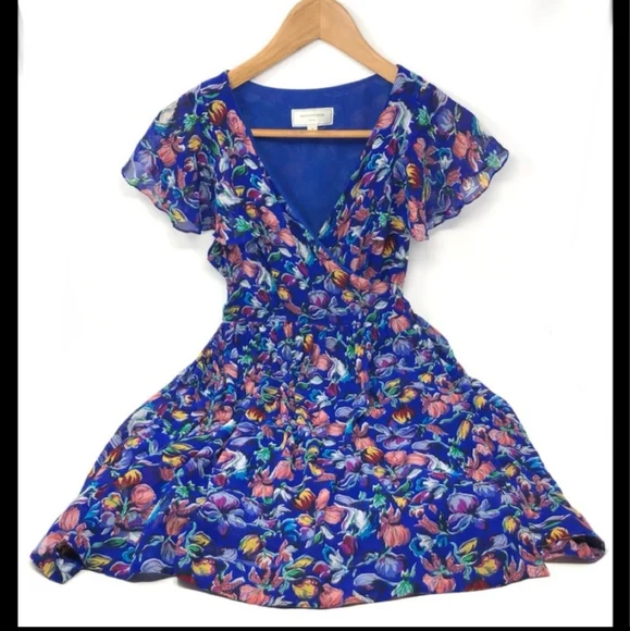 anthro blue floral dress Layla Strapless Pleated Gown